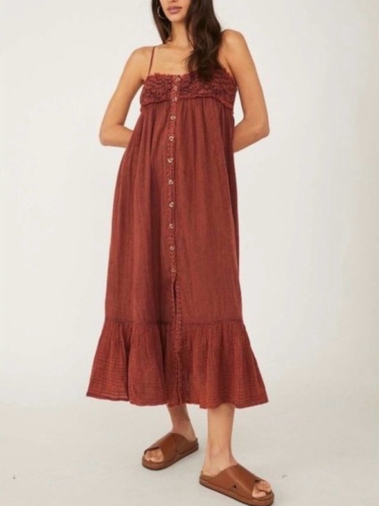 Free People Dresses & Skirts - Free People Linda Jo Midi Dress Gauze Embroidered Button Front Rust L